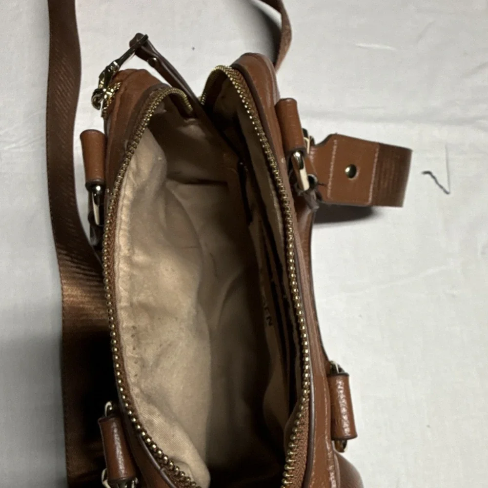 MADDEN NYC Brown Satchel Bag Adjustable Strap Double Handles Gold Zipper Logo